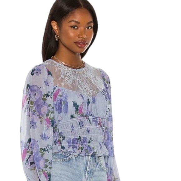 Free People Daphne Smocked Lace Neck Boho Cottagecore Blue Floral Top Coachella - Picture 1 of 10